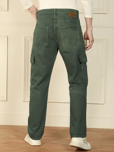 Men's Olive Relaxed Fit Solid Cotton Jeans