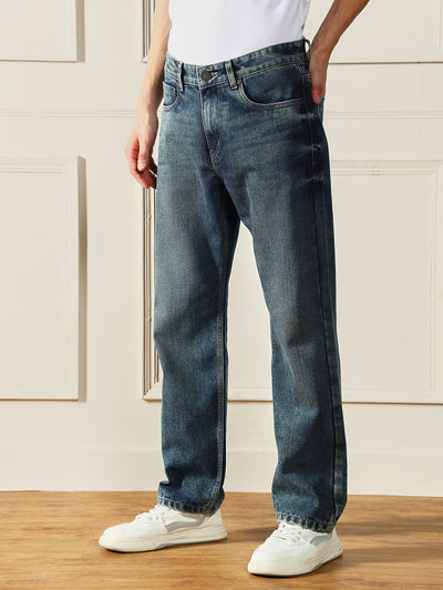 Men's Mid Blue Relaxed Fit Clean Look Light Fade Jeans