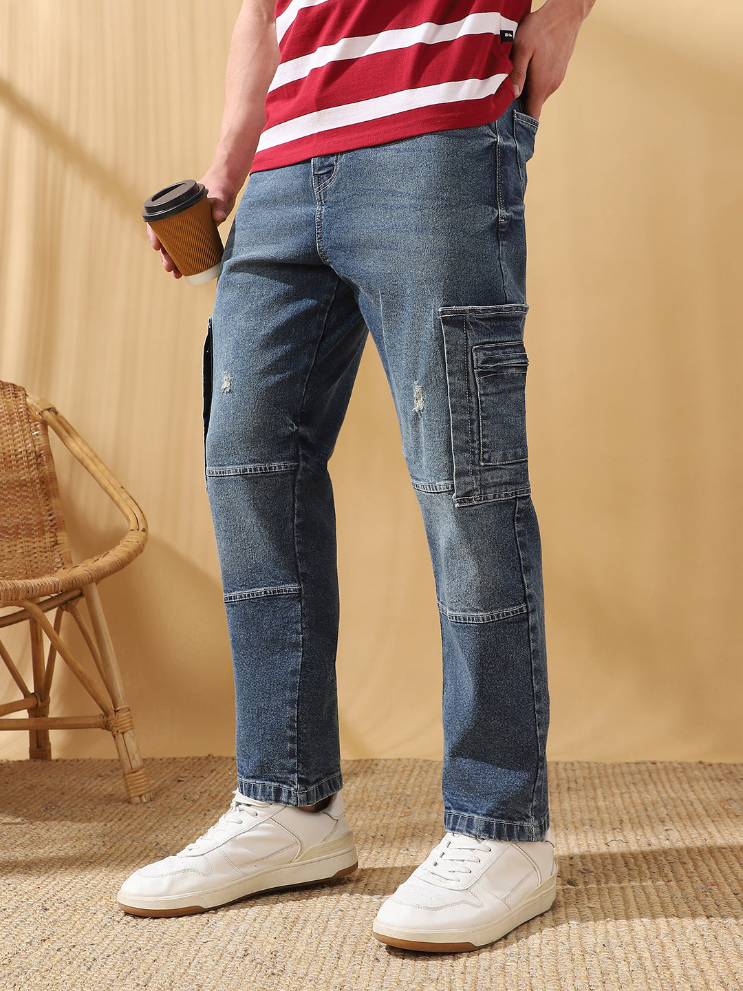 Men's Relaxed Fit Mid-Rise Stretchable Cargo Jeans