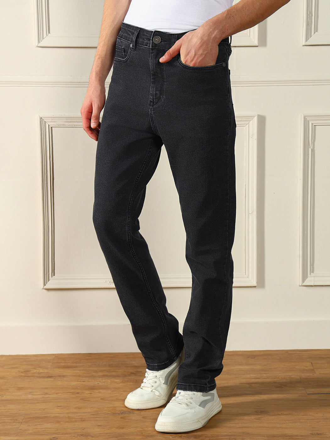 Men's Straight Washed Light Grey Stretchable Jeans