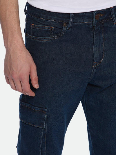 Men's Straight Cargo Washed MID BLUE Jeans