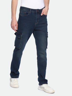 Men's Straight Cargo Washed MID BLUE Jeans