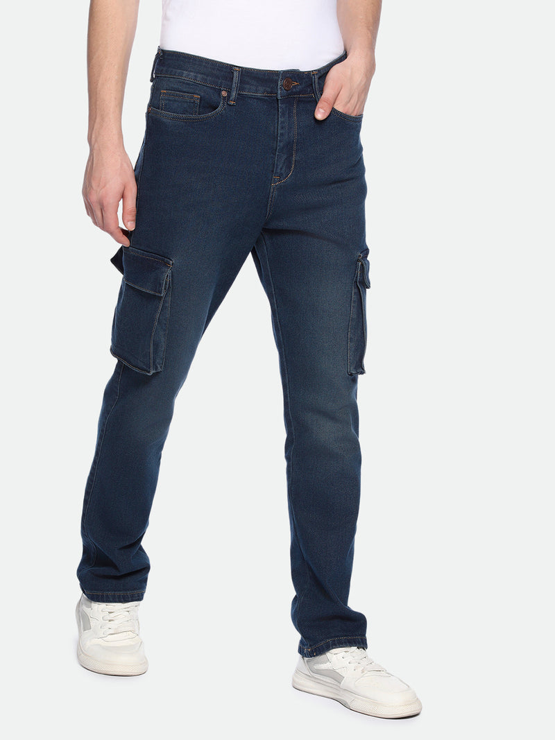 Dennis Lingo Men's Straight Cargo Washed MID BLUE Jeans