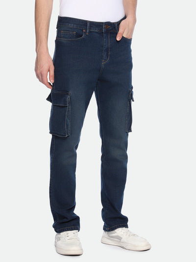 Men's Straight Cargo Washed MID BLUE Jeans
