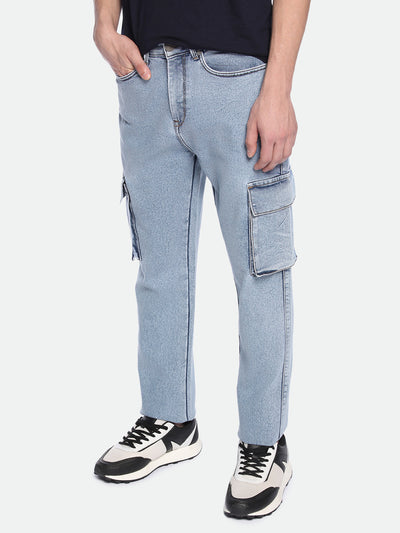 Men's Straight Cargo Washed MID BLUE Jeans