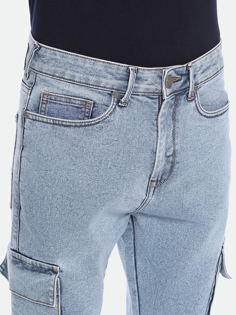 Men's Straight Cargo Washed MID BLUE Jeans