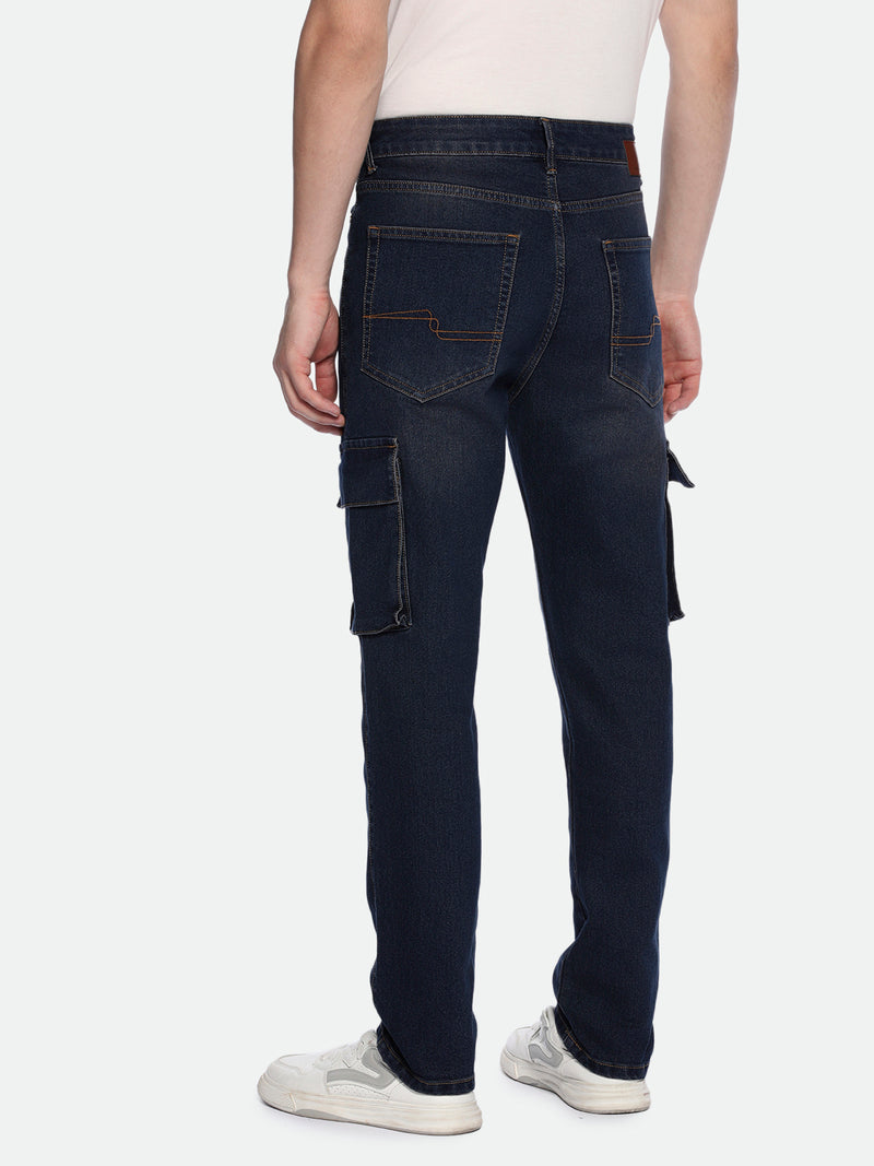 Men's Straight Cargo Washed MID BLUE Jeans