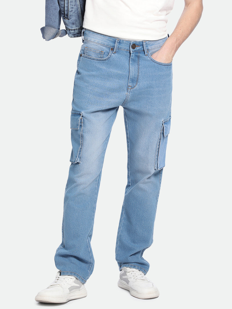 Men's Straight Cargo Washed LIGHT BLUE Stretchable Jeans