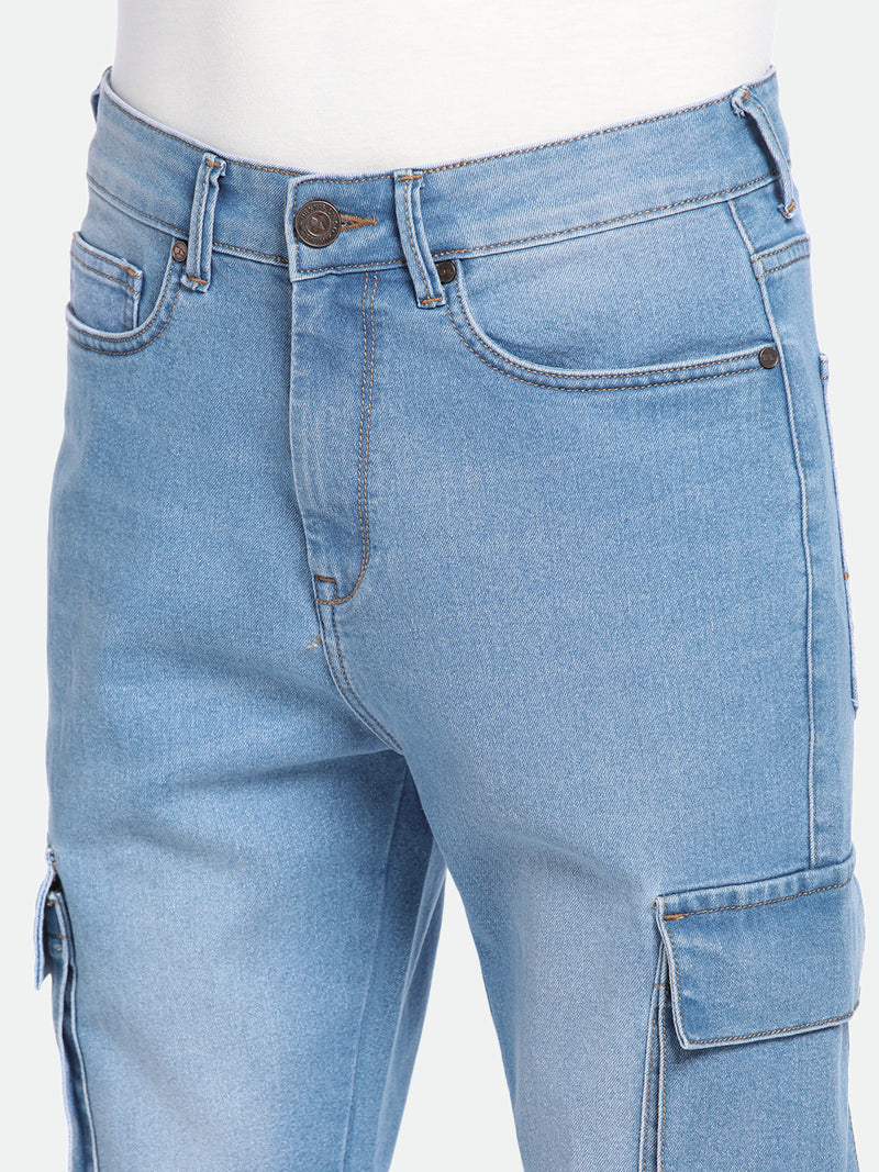 Men's Straight Cargo Washed LIGHT BLUE Stretchable Jeans