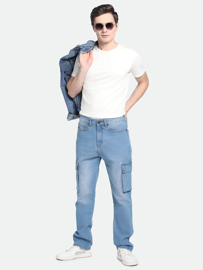 Men's Straight Cargo Washed LIGHT BLUE Stretchable Jeans