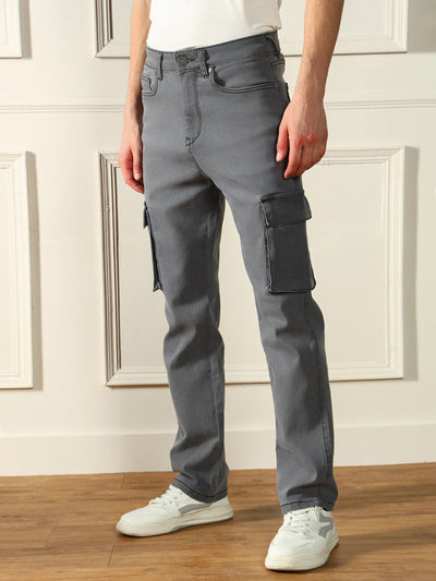 Men's Straight Cargo Washed Grey Stretchable Jeans