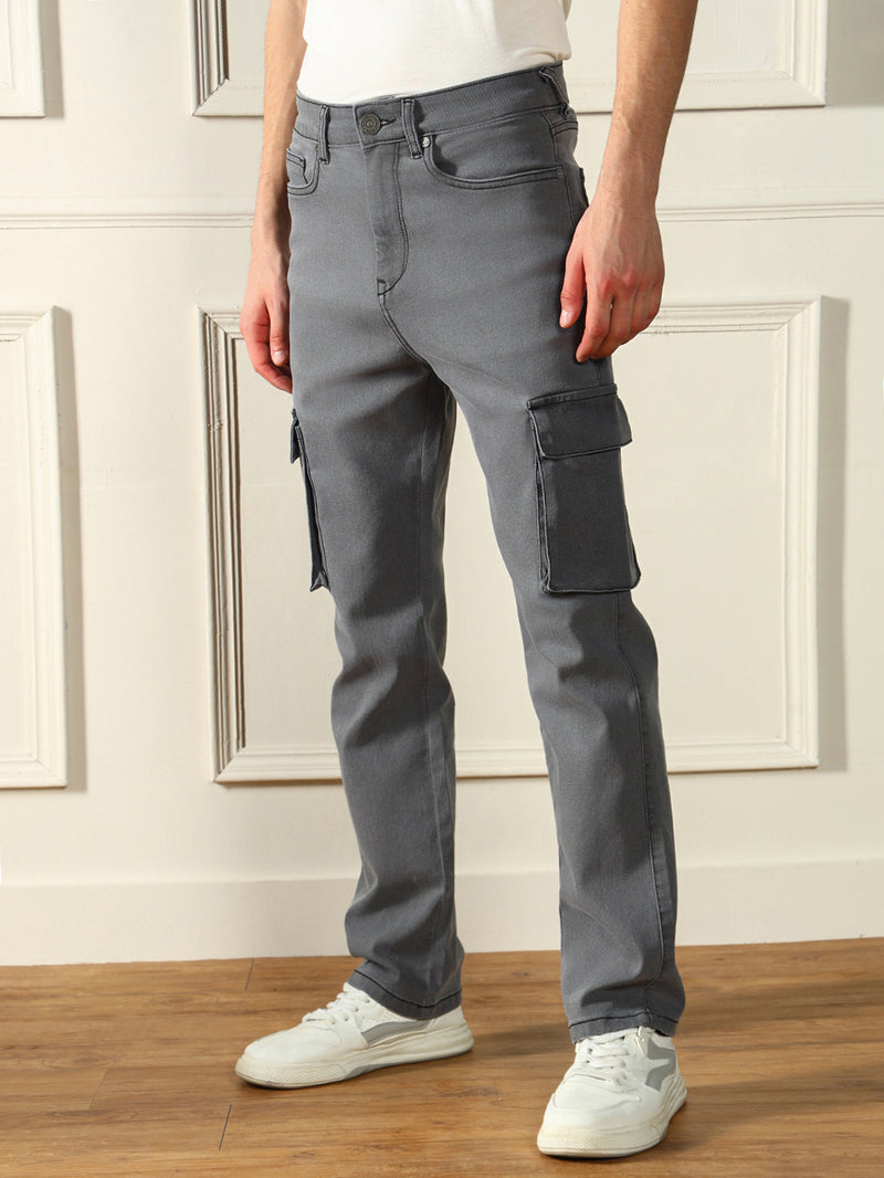 Men's Straight Cargo Washed Grey Stretchable Jeans