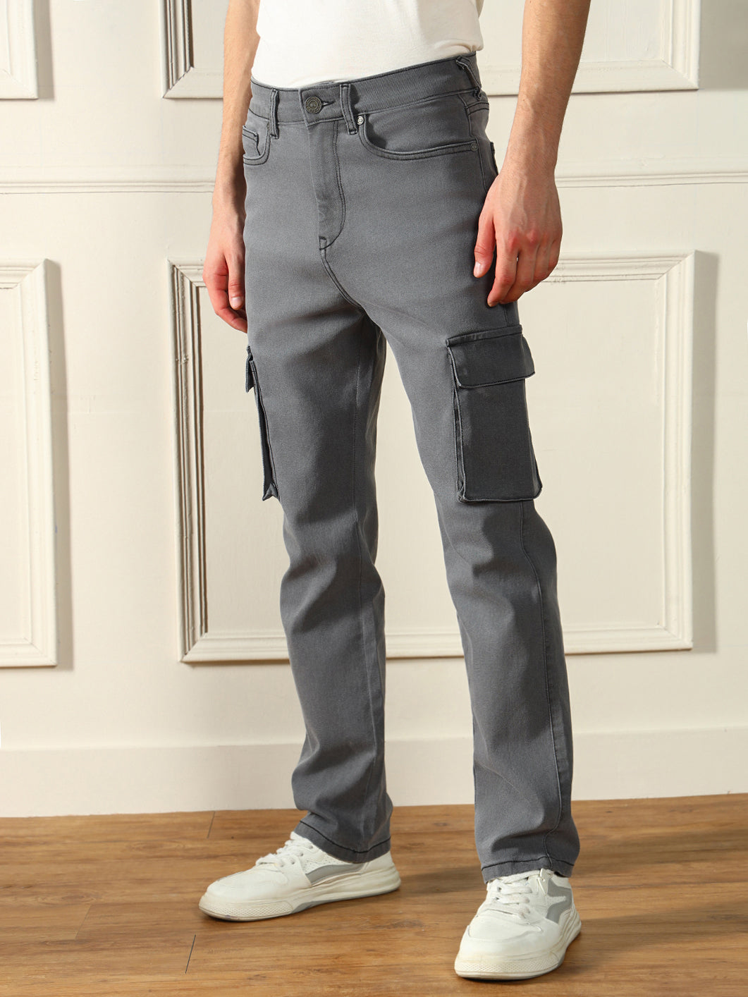 Men's Straight Cargo Washed Grey Stretchable Jeans