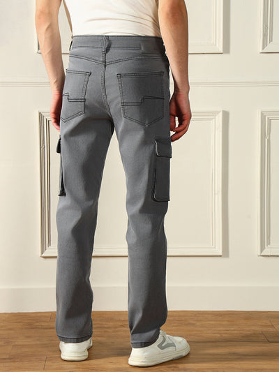 Men's Straight Cargo Washed Grey Stretchable Jeans