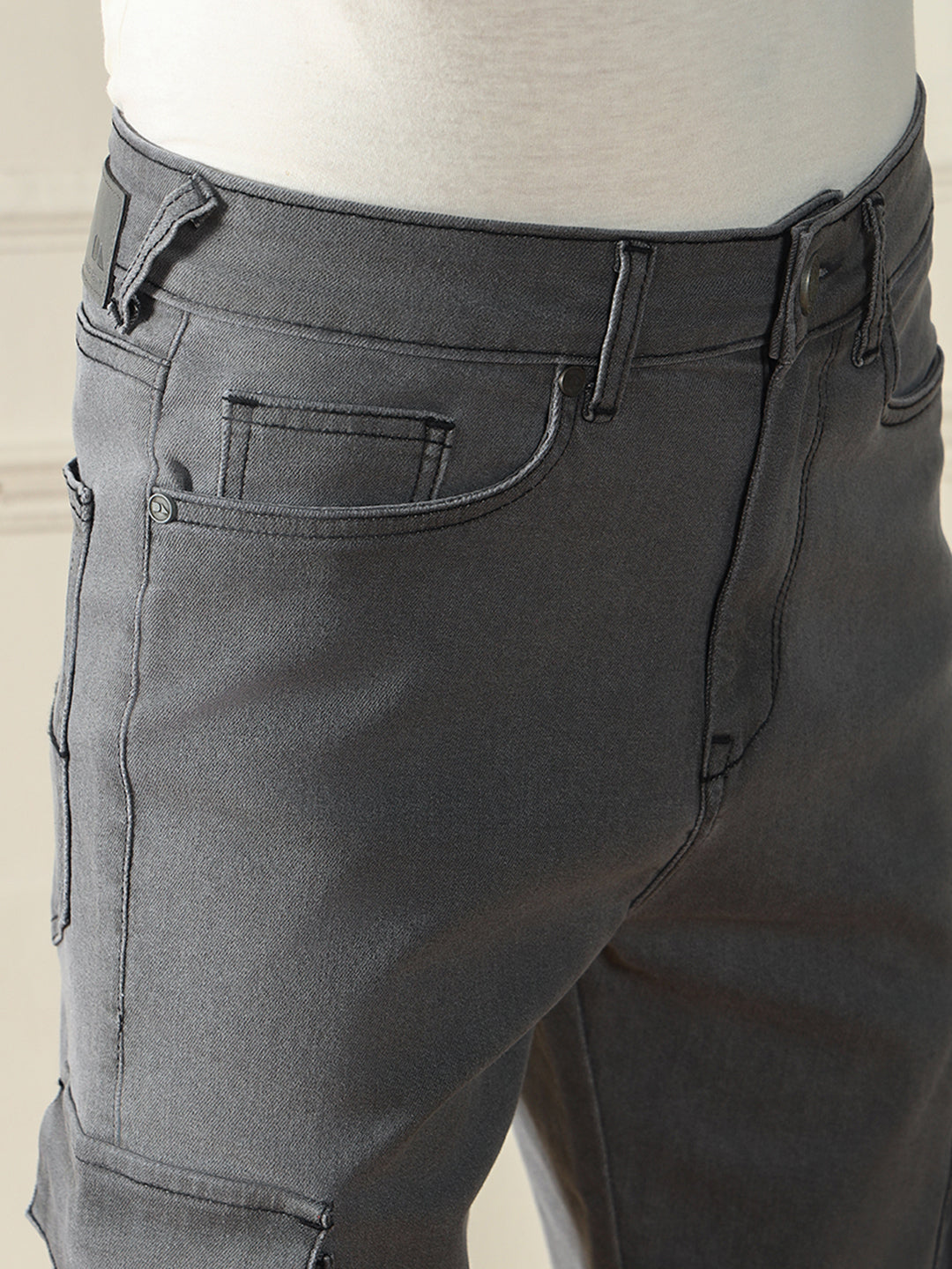 Men's Straight Cargo Washed Grey Stretchable Jeans