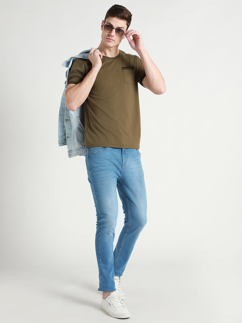 Men's Slim tapered Fit  Mid Blue Solid Stretchable Jeans