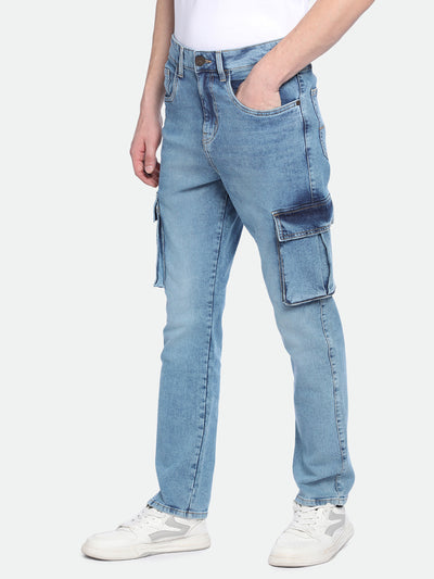 Men's Straight Cargo Solid Mid Blue Jeans