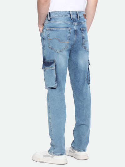Men's Straight Cargo Solid Mid Blue Jeans