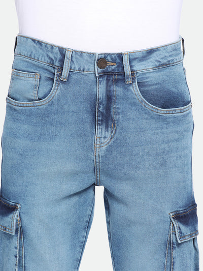 Men's Straight Cargo Solid Mid Blue Jeans