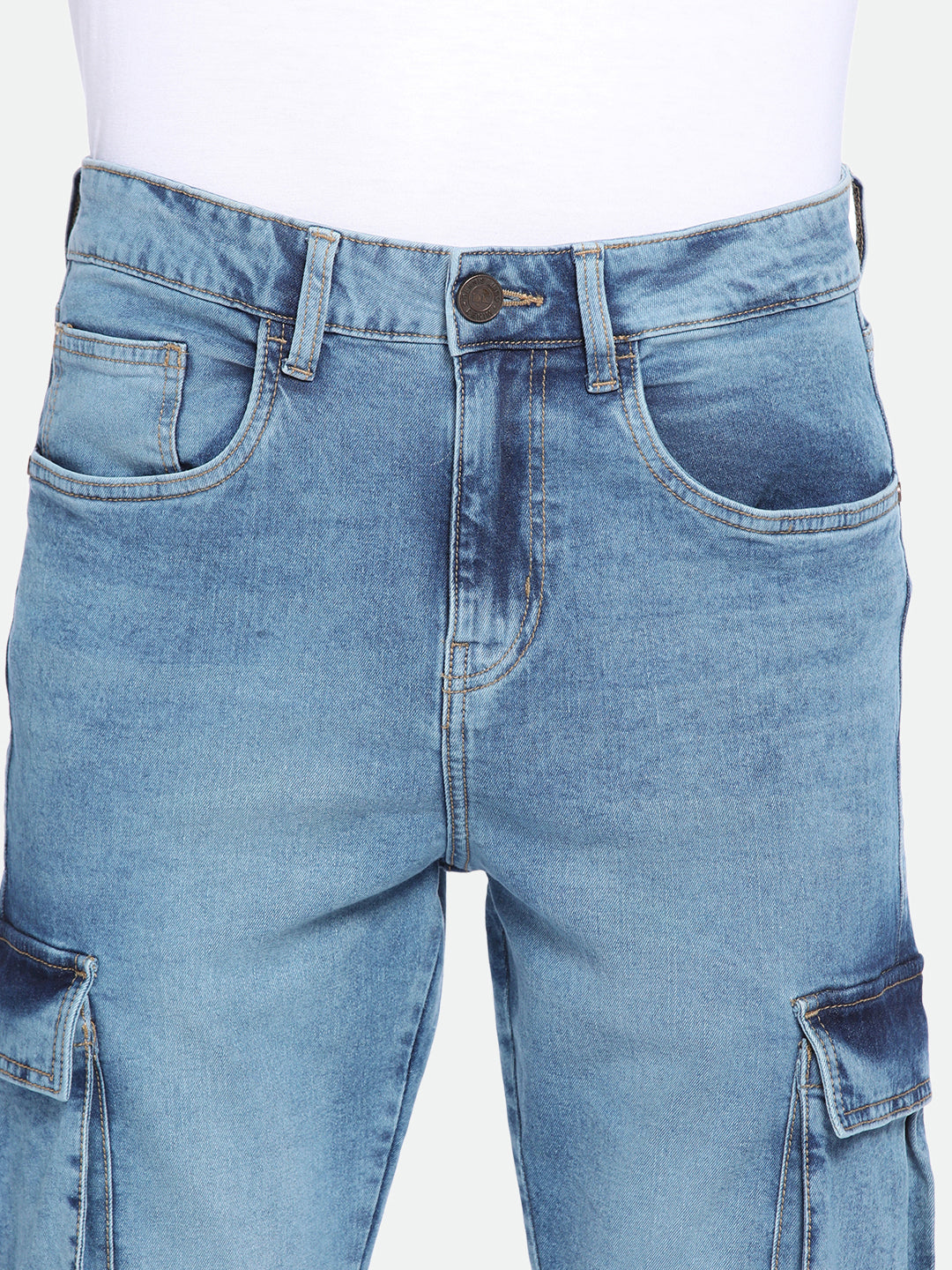 Men's Straight Cargo Solid Mid Blue Jeans
