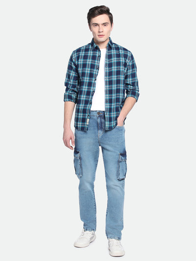 Men's Straight Cargo Solid Mid Blue Jeans