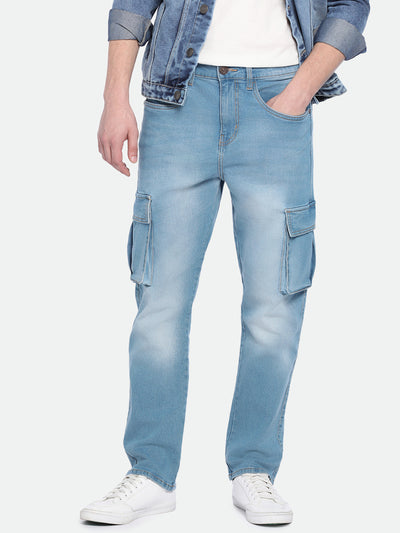 Men's Straight Cargo Solid MID Blue Jeans