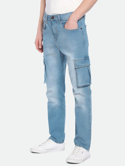 Men's Straight Cargo Solid MID Blue Jeans