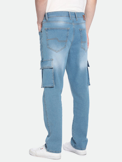 Men's Straight Cargo Solid MID Blue Jeans