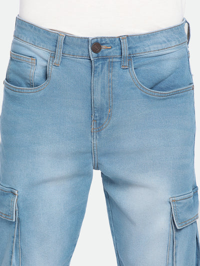 Men's Straight Cargo Solid MID Blue Jeans