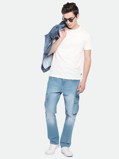 Men's Straight Cargo Solid MID Blue Jeans