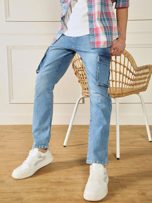 Men's Straight Cargo Solid Light Blue Jeans