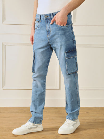 Men's Straight Cargo Solid Light Blue Jeans