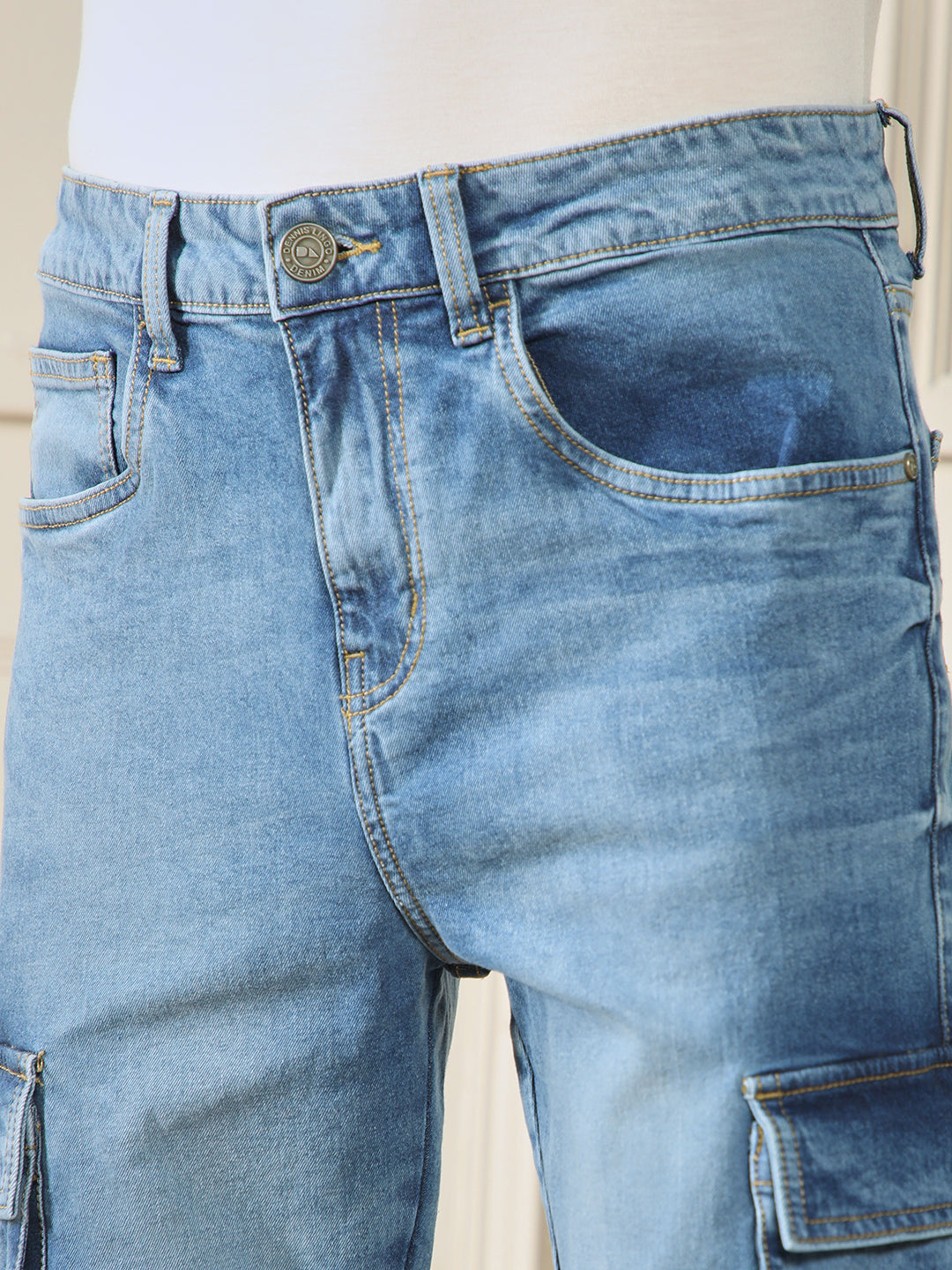 Men's Straight Cargo Solid Light Blue Jeans