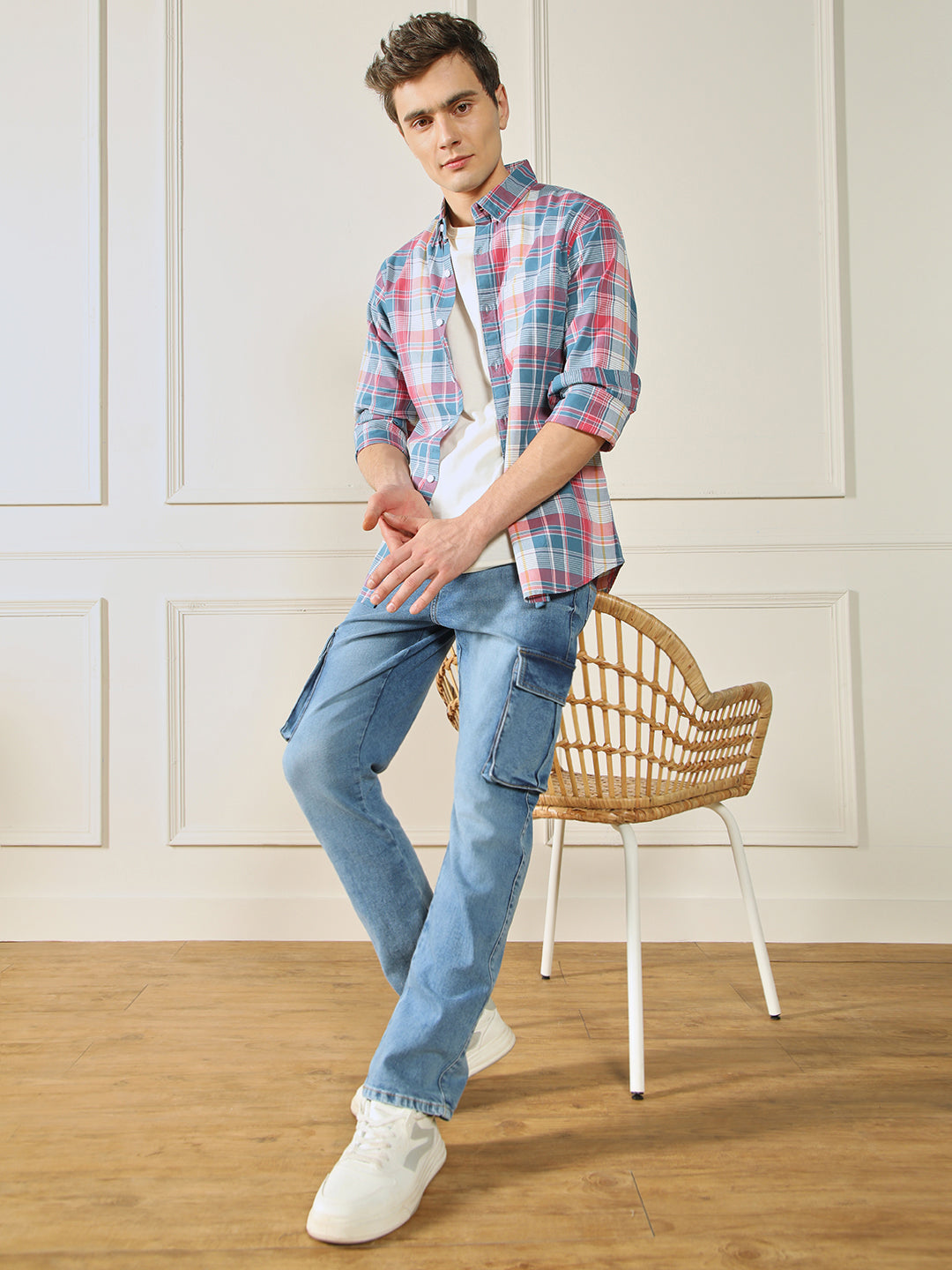 Men's Straight Cargo Solid Light Blue Jeans