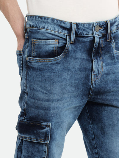 Men's Straight Cargo Solid Light Blue Jeans