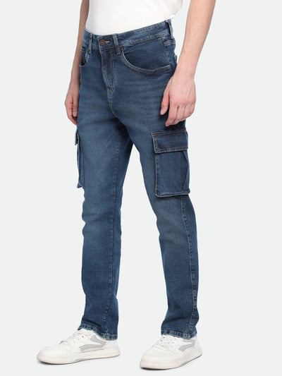Men's Straight Cargo Solid MID Blue Jeans
