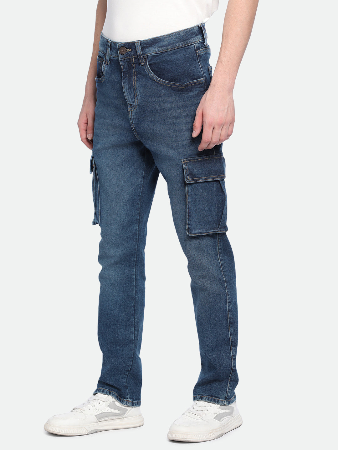 Men's Straight Cargo Solid MID Blue Jeans