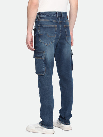 Men's Straight Cargo Solid MID Blue Jeans