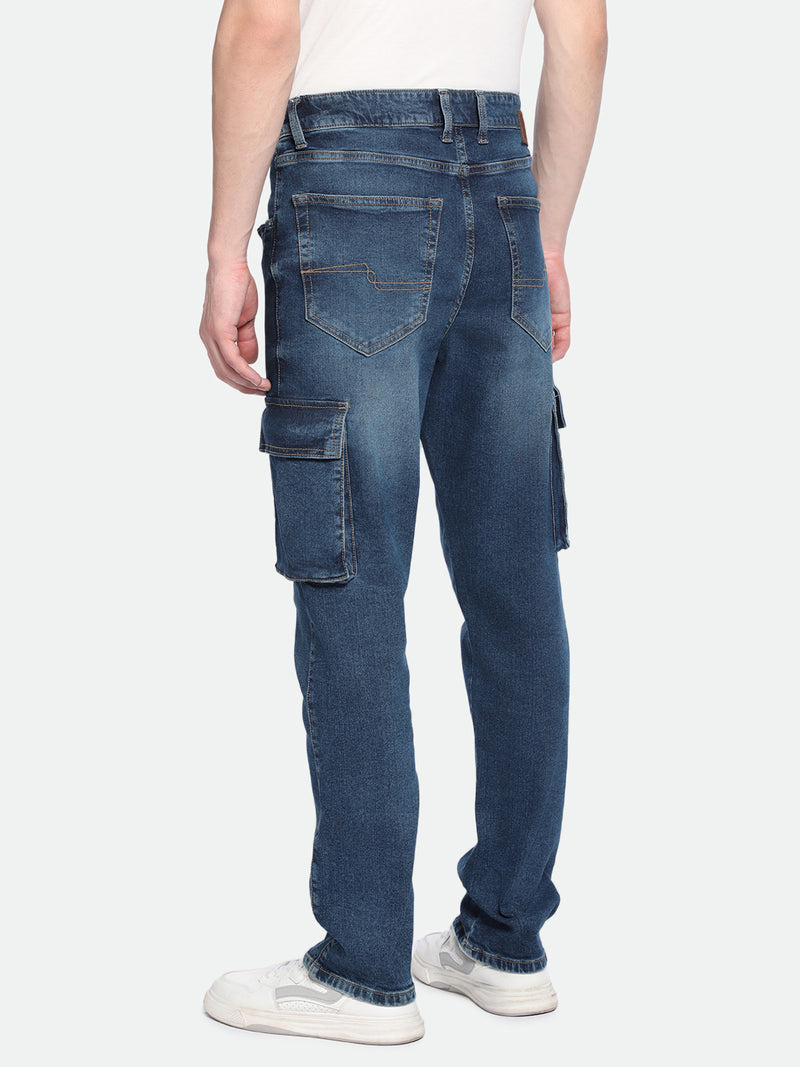 Men's Straight Cargo Solid MID Blue Jeans