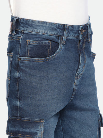 Men's Straight Cargo Solid MID Blue Jeans