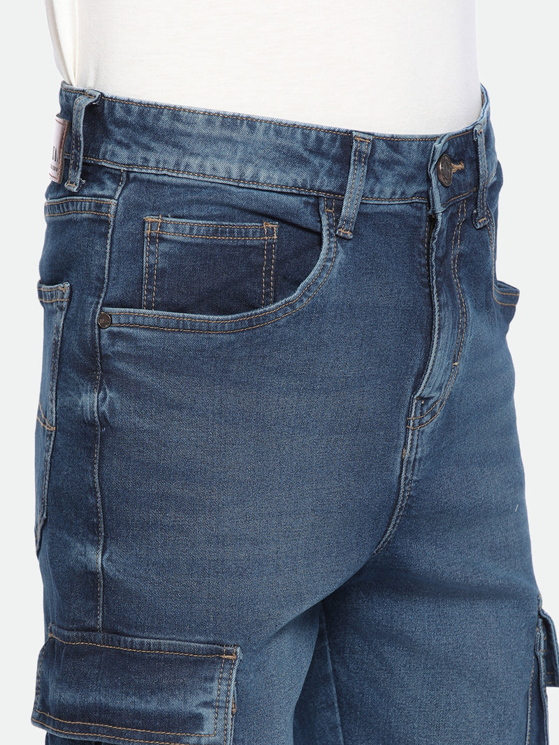 Men's Straight Cargo Solid MID Blue Jeans