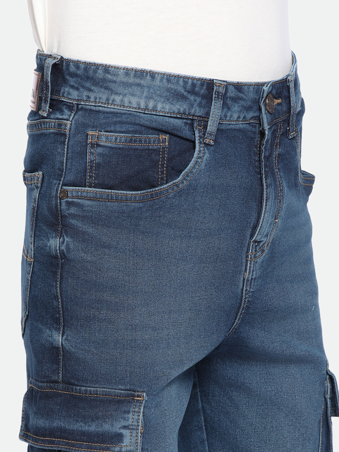 Men's Straight Cargo Solid MID Blue Jeans