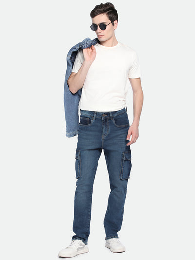 Men's Straight Cargo Solid MID Blue Jeans