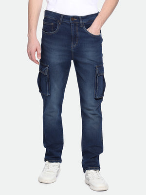 Men's Straight Cargo Solid Dark Blue Jeans