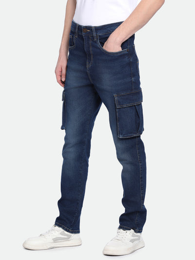 Men's Straight Cargo Solid Dark Blue Jeans