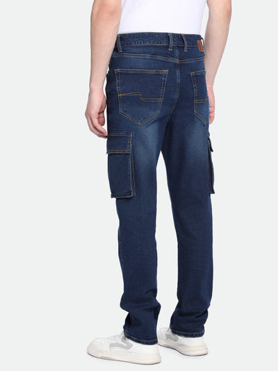 Men's Straight Cargo Solid Dark Blue Jeans
