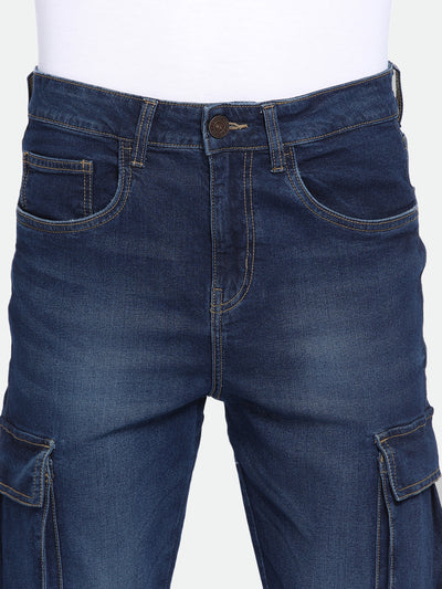 Men's Straight Cargo Solid Dark Blue Jeans