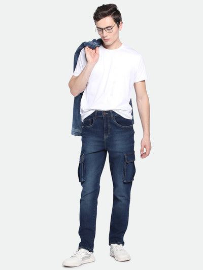 Men's Straight Cargo Solid Dark Blue Jeans