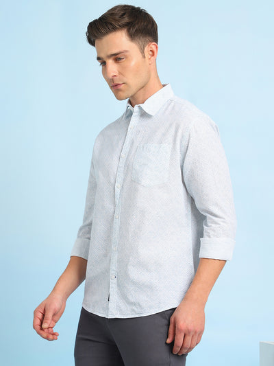 Men Blue Printed Spread Collar Full Sleeves Casual Shirt