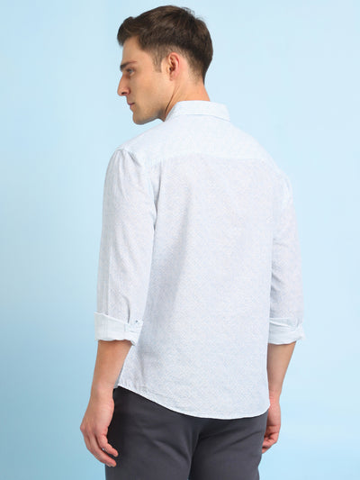 Men Blue Printed Spread Collar Full Sleeves Casual Shirt